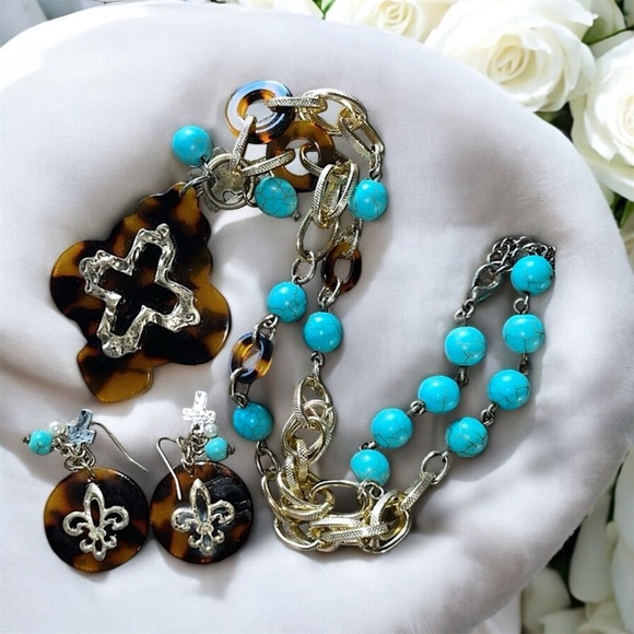 Turquoise & Tortoise Cross & Fleur-de-Lis Necklace Set Boho Designer Inspired - Picture 8 of 11